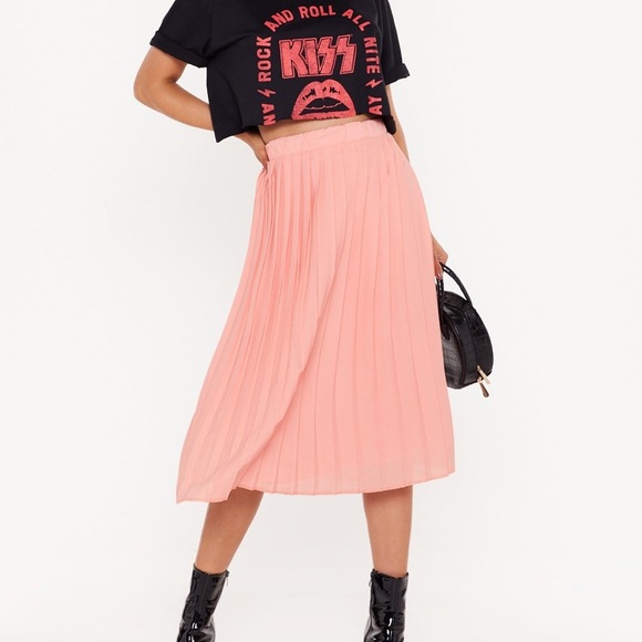 NASTYGAL Pleated High Waist Mid Skirt Peachy elegant m semi formal flare sz 8 - Picture 8 of 10